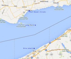 Map of the proposed Lake Erie route from Erie, Pennsylvania to Port Dover, Ontario.